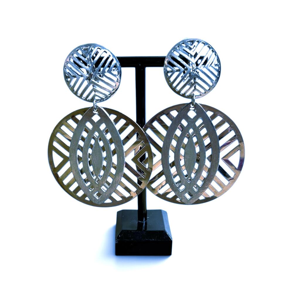 Vintage 80s Silver Geometric Clip On Earrings Big Statement Modernist Cutout